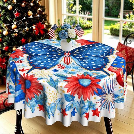 Nappe ronde imprimée en 2D, motif floral rouge et étoiles, inspirée du drapeau américain et des feux d'artifice. Élégante nappe imprimée pour événements patriotiques, cuisine, banquet, jardin. (1/4)