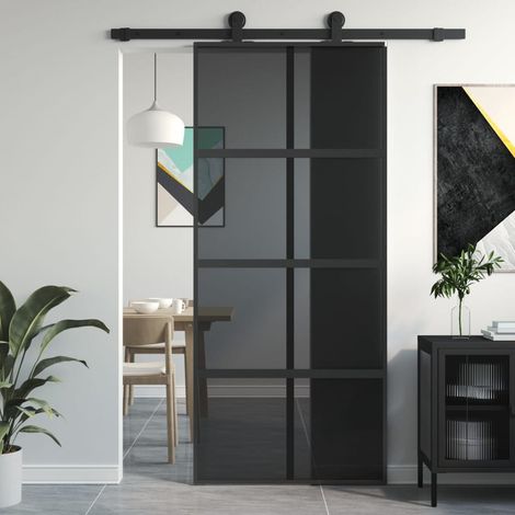 Puerta corredera vidrio templado y aluminio negra 90x205 cm vidaXL