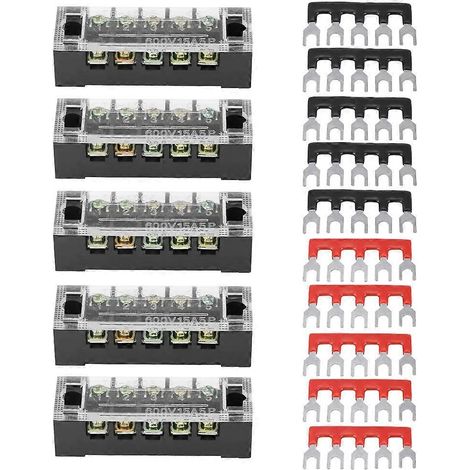 Lot de 5 borniers à vis double rangée 5 positions 600 V 15 A + 10 barrettes de jonction pré-isolées (1/4)