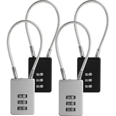 Set mit 4 Zahlenschlössern mit 3-stelligem Code und flexiblem Stahlkabel, für Reisetaschen, Rucksäcke, Spinde im Fitnessstudio, Koffer (silber, schwarz)