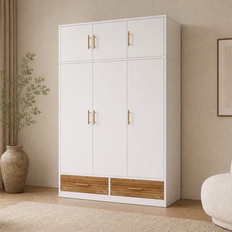 Conjunto de dormitorio infantil de 2 piezas: armario de 3 puertas de 120x50x180 cm con cuna de 70x140 cm, madera natural (1/5)