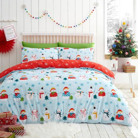 Housse de Couette Bonhomme de Neige de Noël 140 x 200 cm Réversible 1x taie d'oreiller Housse de Couette Flocon de Neige en œuf de Canard/Rouge Literie de Noël Bonhomme de Neige (1/4)