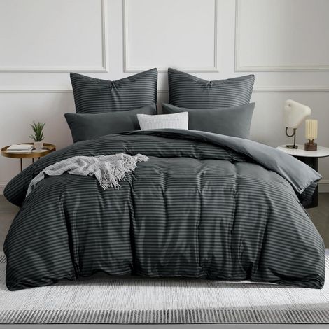 Bettwäsche-Set 200x220 cm gestreift Anthrazit mit 2 Kissenbezügen 80x80 cm, Mikrofaser, bügelfrei