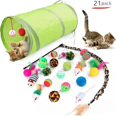 Jouet interactif pour chat - - 21 pièces - Plume, souris, clochette - Vert vert (1/4)