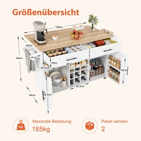 Isla de cocina con encimera abatible, carrito de cocina con ruedas y espacio de almacenamiento, 2 cajones, botellero, especiero y toallero diseño que ahorra espacio para cocina y comedor. (1/5)