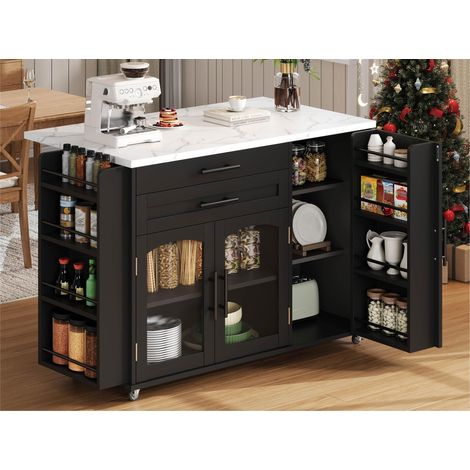 Modernluxe - Îlot central de cuisine mobile avec table rabattable, rangement et étagère à épices, roulettes - noir (1/4)
