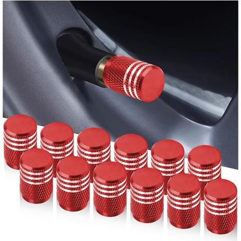 12 Pièces Bouchons De Valve De Pneu, Bouchons Tige De Valve Pneu en Aluminium avec Joint, Bouchons Valve Pneu, Chapeaux Anti-Poussière Voiture pour Voiture, Moto, Bicyclette(Rouge) (1/5)