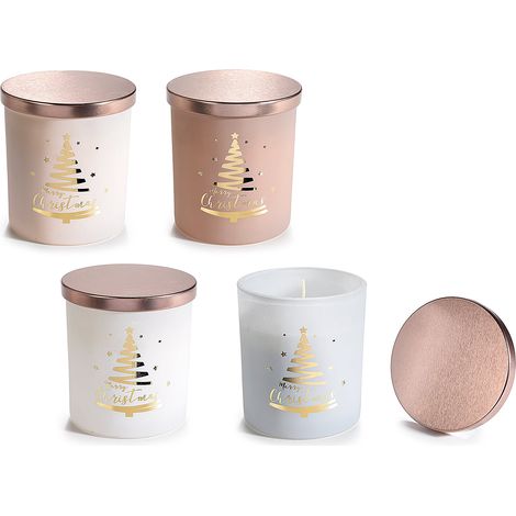 Candele profumate in barattolo di vetro satinato con coperchio e decori dorati ad albero di Natale, set da 4 pezzi, Ø 9,5 cm x 10,5 H