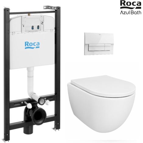 Pack Bastidor ROCA Active Cisterna Empotrada y Pulsador Blanco New + Inodoro Suspendido SWISS 53 cm Tornado y Soft-Close