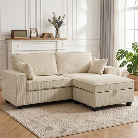 Sofá rinconera en L con chaise longue arcón, pana, 3 plazas, beige (1/5)