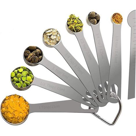 Set di cucchiai dosatori, 8 pezzi, misurini in acciaio inox con righelli graduati per misurare ingredienti secchi e liquidi in cucina e in pasticceria. (1/4)