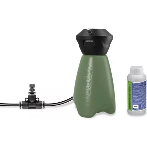 kit geyser nebulizzatore antizanzare a batteria stocker 2l 2,5 bar 3,6v 2,5ah con tubo diffusore da 10 m e disabituante florifens 100 ml