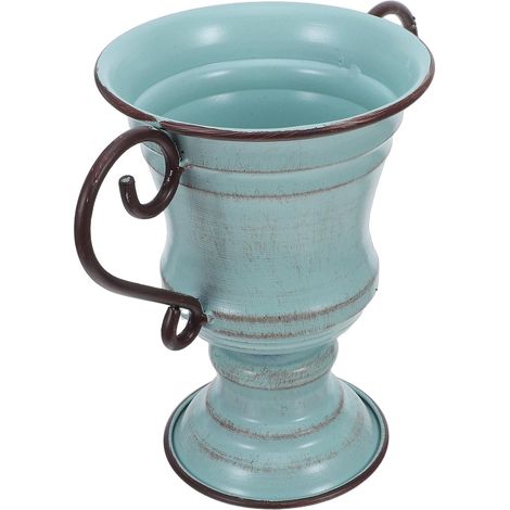 Pot de Fleurs Vintage en Fer Bleu Rétro, Jardinière Rustique en Métal Piédestal, Vase Trompette Décoratif pour Jardin et Décoration Extérieure, Pot de Fleurs Compact Terrasse (1/5)