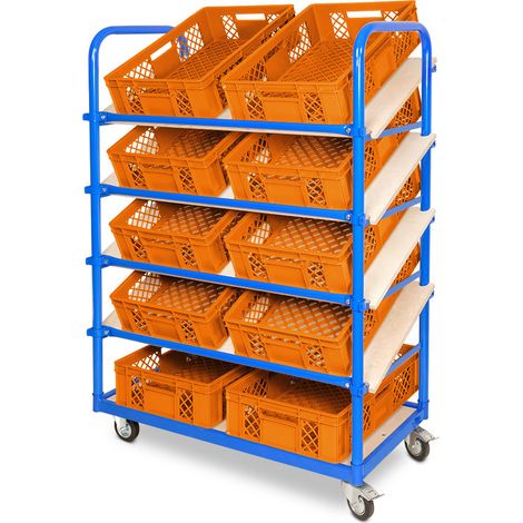 BRB Schrägboden-Regalwagen mit 5 Ebenen, bestückt mit 10 Euroboxen BxTxH 600x400x150 mm, durchbrochen, BxTxH 1050x500x1450 mm (orange)