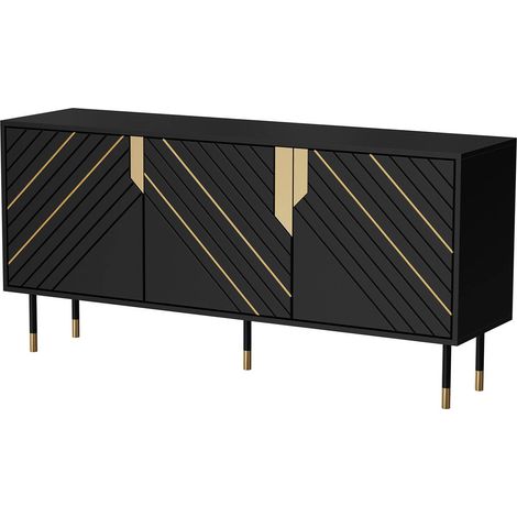 Buffet Cossogno, buffet de salon avec trois portes battantes et compartiments intérieurs, surélevé du sol, 154x40 h72 cm, noir et or (1/4)