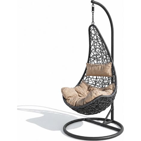 Poltrona Pensile Da Giardino Con Seduta Intrecciata In Polyrattan Cuscino Imbottito Con Poggiatesta Comfort Relax Supporto Autoportante In Metallo Per Terrazza E Spazi Esterni 105x195 Cm Nero E Beige (1/5)