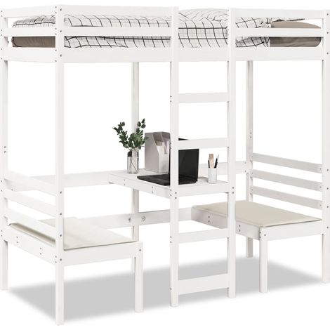 Cama alta escritorio y asientos madera maciza 80x200 cm