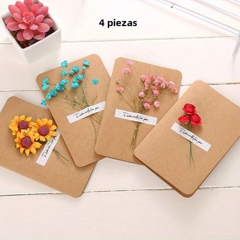 4PCS Cartes de vœux rétro à fleurs séchées pour DIY, Noël, remerciement, anniversaire, créatif, non personnalisé (1/4)