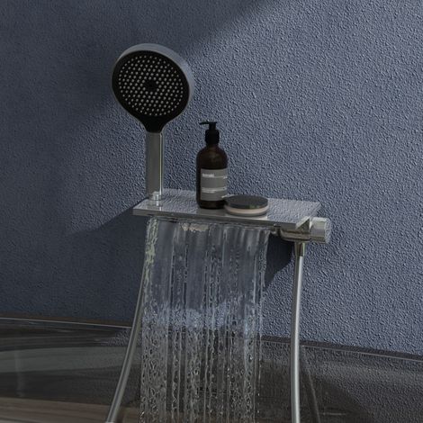 doporro Badewannenarmatur mit Handbrause, Wasserfallauslauf, Duscharmatur Komplettset aus Messing mit 4 Strahlarten, 1.5m Brauseschlauch, Halterung für Badewanne und Dusche DSN-401 Silber