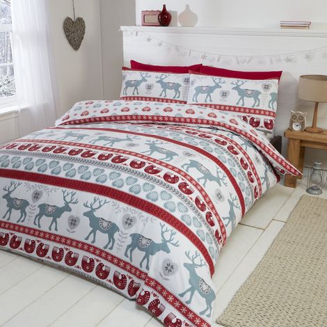 Parure da letto con Copripiumino Matrimoniale e 2 federe, motivo: Cuori di Natale, 100% flanella di cotone spazzolato, colore: rosso/multicolore, Cotone, Red/multi-colour, King