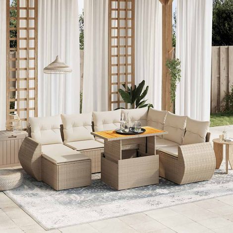 Ensemble de jardin 8 places en résine tressée beige avec coussins lavables - Table extensible et modules modulables (1/4)
