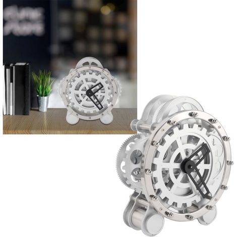 Europäische mechanische Tischuhr mit rotierenden Metallzahnrädern, Edelstahl 304, PVC, kreatives Design, 2 Füße, Größe 27 x 26,5 x 12 cm, Dekoration für Wohnzimmer und Büro