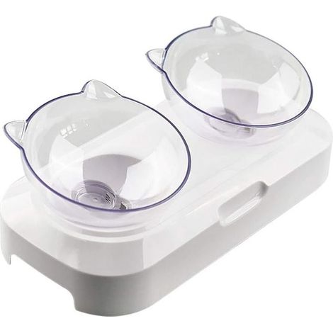 Bol surélevé pour chat et petits chiens – Plateforme inclinée 15°, hauteur réglable, double compartiment – Lot de 2 bols ergonomiques (1/3)