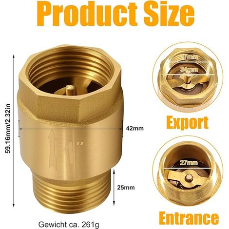 Brass Check Valve AG to IG Return Valve Stainless Waterproof for Pump Garden Washing Machine Barrel Water Pipe Water Heater (1/2)