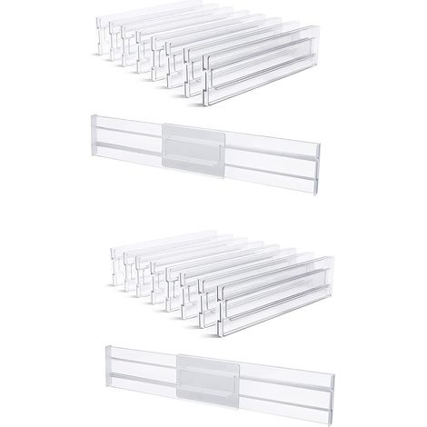 Lot de 16 séparateurs tiroir réglables 8,1 cm haut, extensibles 28 à 50,6 cm, organiseur cuisine, plastique transparent - (1/5)