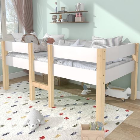 Halbhohes Kinderbett 90x200 cm mit Rausfallschutz und Leiter, Mini Hochbett aus Kiefer Massivholz für mehr Stauraum, Weiß & Eiche (1/5)