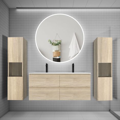 Ensemble meuble double vasque L.120cm 4 tiroirs + lavabo + LED miroir rond 120cm + 2colonne,chêne A