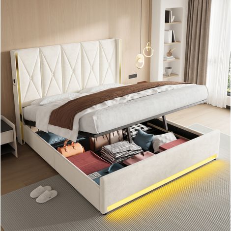 Cama canapé 180x200 cm con cabecero LED, USB y Tipo C, tapizada en terciopelo, beige (1/5)