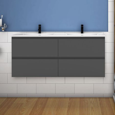 Acezanble 120(L)x46(P)x52(H)cm Acezanble meuble Salle de Bain anthracite avec 4 tiroirs à une fermeture amortie avec deux vasques à suspendre