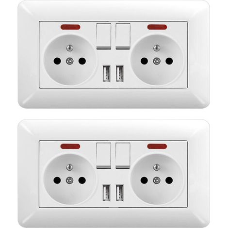 Lot de 2 Prise Murale Double 16A avec 2 Interrupteurs, 2 LED et 2 USB – Prise Électrique Encastrable 240V Norme Française (1/4)