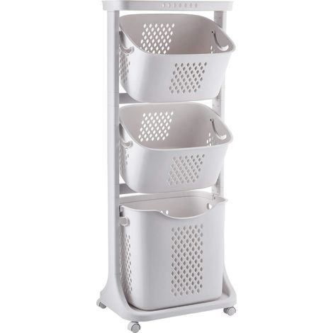 Chariot à Linge, Panier à Linge, Corbeille à Linge avec 3 Paniers Amovibles et 4 Roulettes, Blanc (1/5)