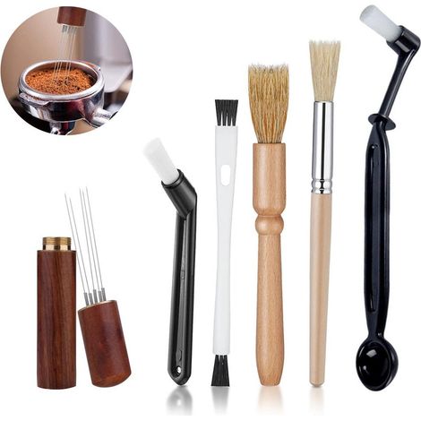 Lot de 6 brosses de nettoyage pour machine à café avec cuillère, brosse pour moulin à café, manche en bois et poils souples pour porte-filtre (1/5)