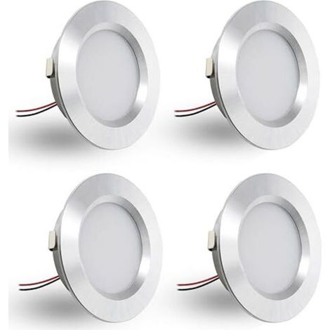 Lot de 4 spots encastrés LED 12 V 3 W, spots plats pour trous de montage de 55-58 mm et 14 mm, spots de plafond 12 V à intensité variable IP44, spots encastrés pour meubles (argent, blanc chaud 3000 K (1/4)