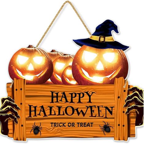 Halloween-Wandplakette aus Holz mit Kürbis und Geist, Türhänger mit der Aufschrift „Happy Halloween“ für den Innen- und Außenbereich, Verandadekoration, Haustürdekoration, Retro-Wanddekoration.
