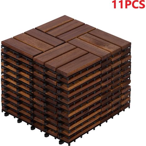 Lot de 11 Dalles bois d'acacia 30x30cm Dalles de terrasse clipsables Jardin Extérieur et intérieur Amovible Pour balcons et piscines Brun