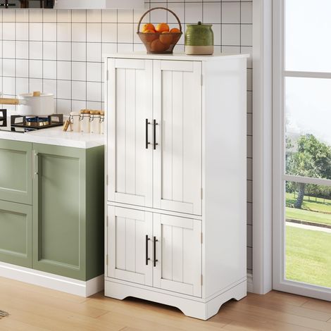 Credenza da cucina 60x40x120,5 cm con illuminazione LED, 4 ante, ripiani regolabili e 2 vani portaoggetti, bianca (1/5)