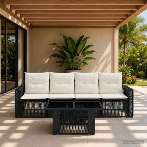 vidaXL Conjunto de sofás de jardín 5 uds. Negro y Blanco Crema (1/5)