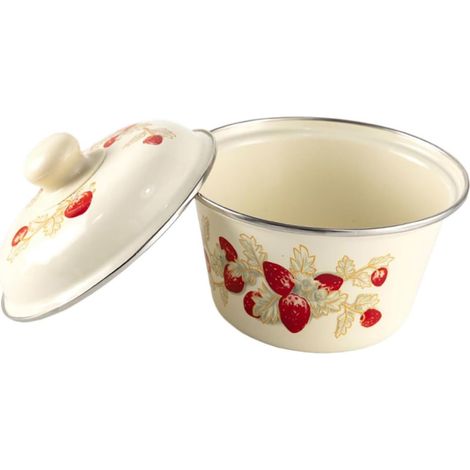 Bol alimentaire en émail beige avec couvercle, design rétro simple, fond plat.