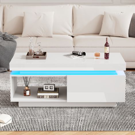 Mesa central brillante, iluminación LED, 100x50x40,3 cm - Elegante mesa con cajón y capacidad de carga de 50 kg, color blanco (1/5)
