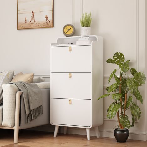 Zapatero estrecho puertas abatibles almacenaje para 18 24 pares MDF y melamina color blanco (1/5)