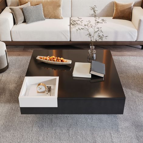 Mesa de centro 72x72x30 cm negra y blanca en tablero de partículas con acabado brillo, caja de almacenaje extraíble y LED (1/5)