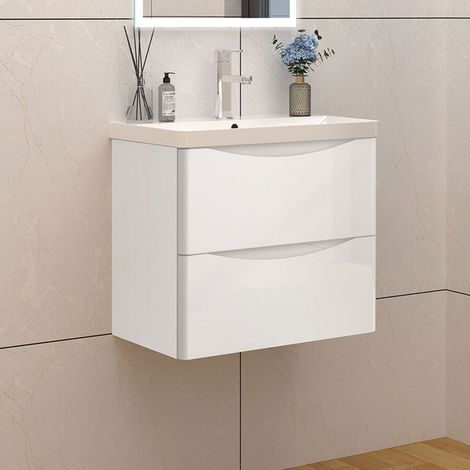 Badmöbel Set 60cm Weiß Hochglanz Waschbecken mit Soft-Close Unterschrank Waschtisch (1/5)
