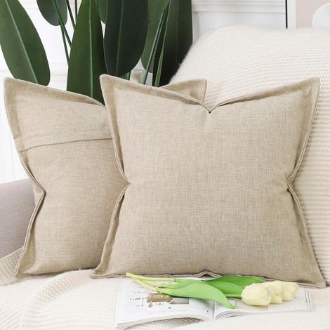 Lot de 2 Doux Housses de Coussin en Faux Lin avec Bordure Large Décoratif Coussin Couvre Style De Luxe pour canapé de Chambre Beige 40x40 cm (1/5)