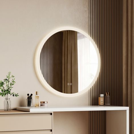 EMKE LED Badezimmerspiegel Ø 70 cm, Antibeschlag, 3 Lichtfarben, dimmbar, Touch-Steuerung, moderner mattierter Lichtrand