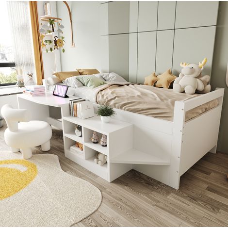 Letto singolo multifunzione 90x200 cm bianco in legno con scrivania, contenitori e prese USB (1/5)