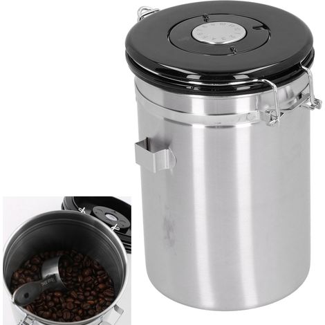 Boîte à café en grains avec soupape de décompression, en acier inoxydable, avec cuillère incluse (argent). (1/5)
